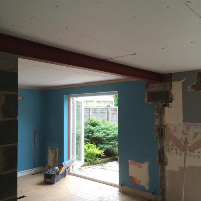 Team Dryfix have taken down these internal load bearing walls and provided support to the first floor walls and floors above to extend a kitchen and dining room into one room. All our work has now been  inspected and signed off by Building Control meaning a happy client who now looking forward to a new kitchen. 