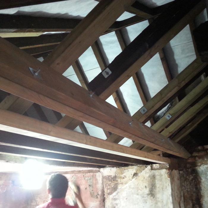 Here our expert award winning joinery team have rebuilt this roof structure on a derelict shop building in Pontefract North Yorkshire after the property had been left in a state of disrepair and water ingress had caused extensive decay to the roof.  