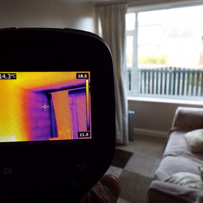 

Detail and changes in a buildings construction are clearly visible during a thermal imaging survey. In this scenario the side wall of this room was problematic with surface moisture (condensation) and mould which the owner of the property was having difficulty in understanding why? A thermal survey clearly identifies the change in temperature along the length of the wall as the wall changes from 100mm internal masonry to cavity masonry where the wall becomes external within the porch. The change in temperature is the reason the wall is so susceptible to condensate and mould issues. Understanding the cause allows us to draft an effective repair specification.
