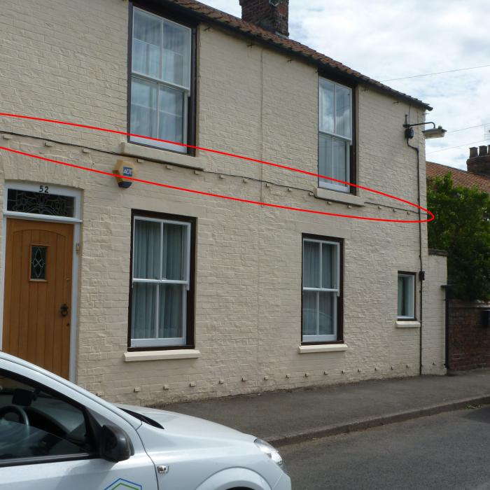 When I saw this I just had to pull over and take this picture. This contractor had obviously discovered this building not only had a problem with rising damp on the ground floor but also on the first floor too and decided it would be a good idea to install a Dutch damp proof course system to both floor levels. Unfortunately I never got to meet the owner of this property, which is probably for the best as I don't think they really needed me to explain they had wasted all their money. For a review of the Dutch system used on this property read our blog: http://www.dryfix.net/blog/a-review-of-the-dutch-green-chemical-free-damp-proof-system-apparently-installed-without-the-mess-of-replastering/